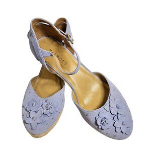 Talbots Sandals Womens 10 Light Blue Suede Flowers Strap Gold Buckle Studs Wedge